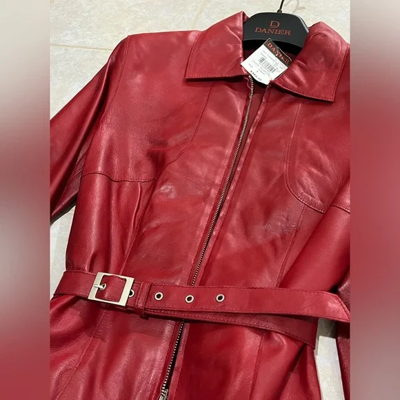 Cropped Red Leather Moto Jacket - Picture 4 of 7